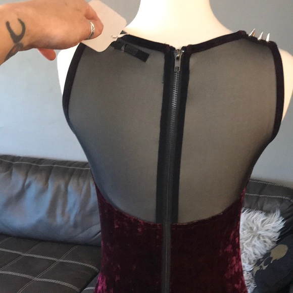 NWT wine blk mesh velvety minidress *SPIKES* S LF - Picture 6 of 8